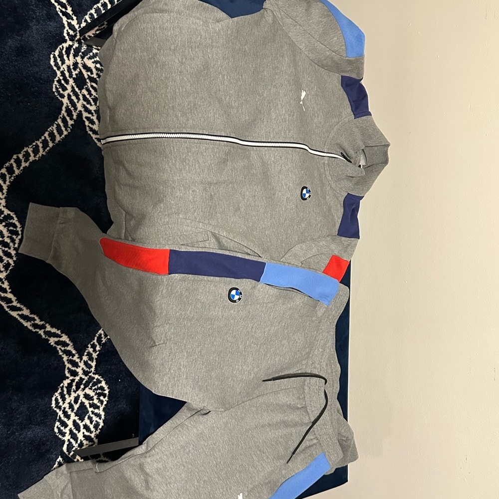 Puma Gray Zip-Up Sweatsuit with Red and Blue Accents